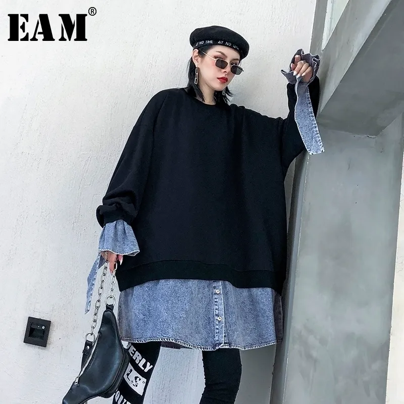 [EAM] Loose Fit Black Denim Irregular Long Sweatshirt Nouveau col rond manches longues femmes grande taille mode marée printemps 1Y706 201030