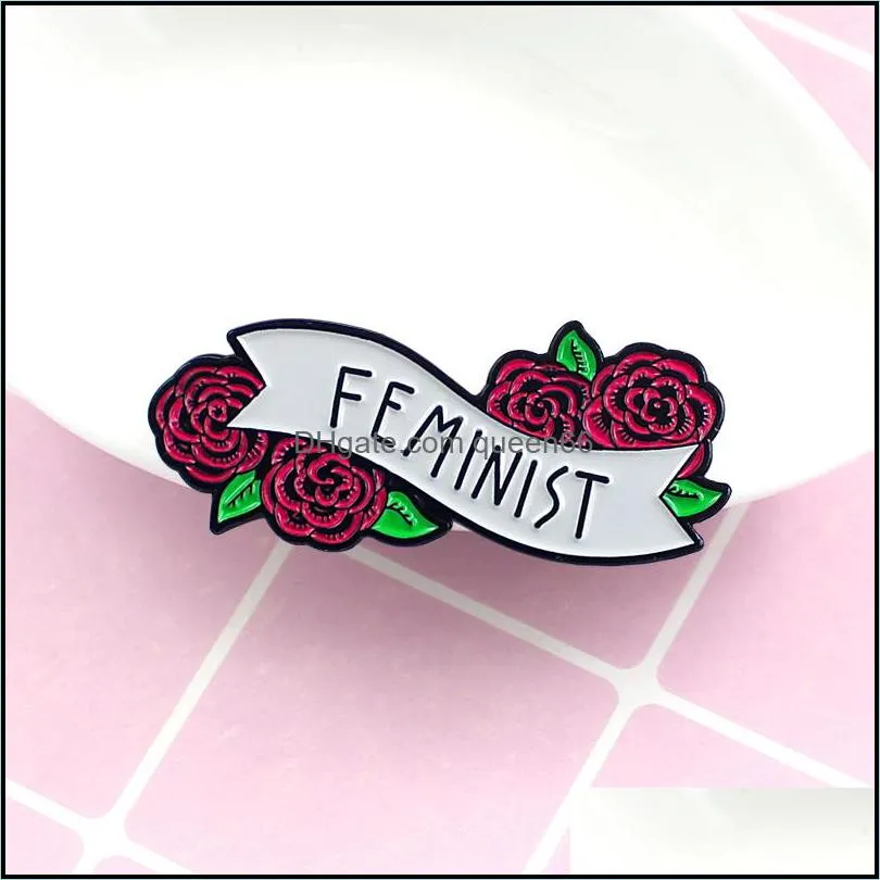 Pins Brooches Jewelry "Feminist" Flowers Logo Special Enamel Cartoon Brooch Creative Letter Lapels Denim Badges Gifts For Children Pins Dro