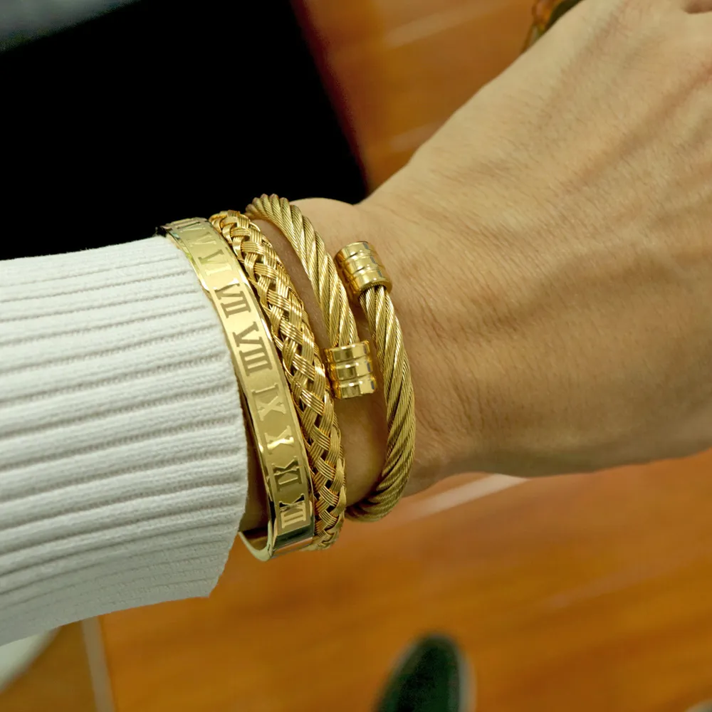 ZNBOH Men's Stainless Steel Bracelet Set - Roman Numeral Bangle With Crown Charm - View #11