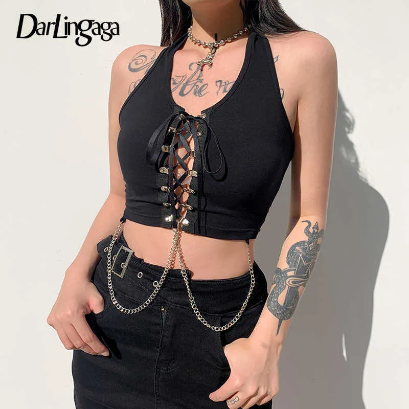 Darlingaga Streetwear Goth Punk Style Mörk Halter Top Kvinnor Lace Up Sexig Tank Top Backless Chain Vest Gothic Kläder Beskära Toppar Y0824