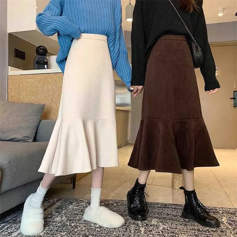 Lucykever damska dzianiny syrenka spódnica koreańska moda wysoka talia midi spódnica kobieta jesień zima vintage brązowe spódnice liniowe 211120