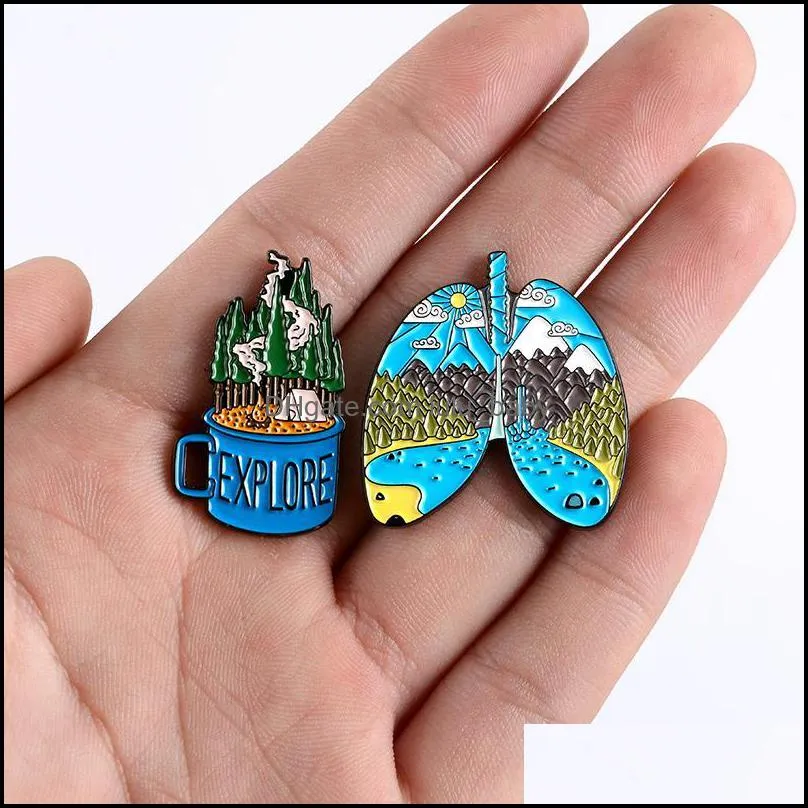 Pins, Brooches Explore The Natural Forest Outdoor Camping Tent Lung Shape Coffee Cup Enamel Brooch For Friends Who Like Adventure