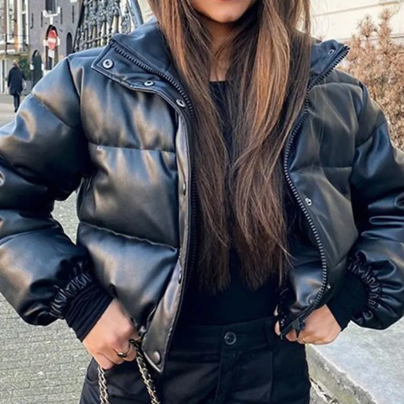 Winter Thick Warm Short Parkas Women Fashion Black PU Leather Coats Ladies Elegant Zipper Cotton Jackets Female Ouwear