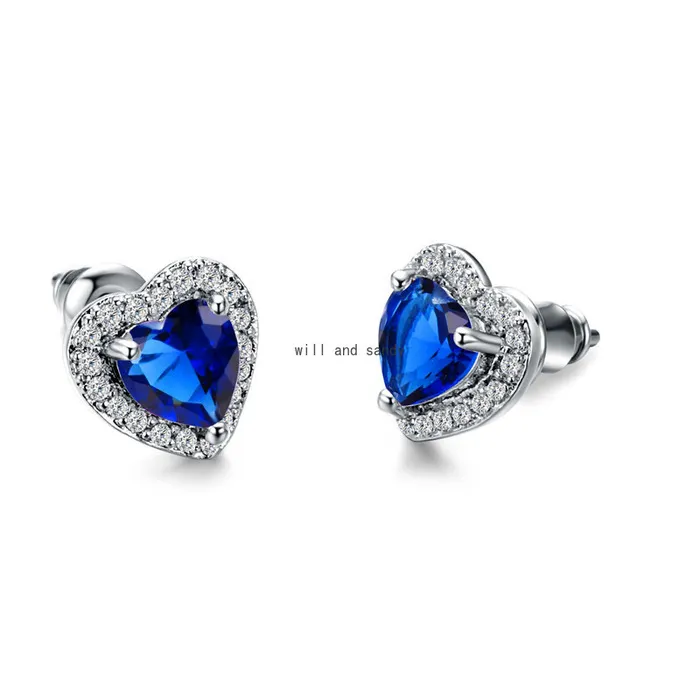 Crystal Cubic Zircon Love Heart Stud örhängen Rödgrön Purple Diamond Ear Rings Studs For Women Fashion Jewelry Will and Sandy