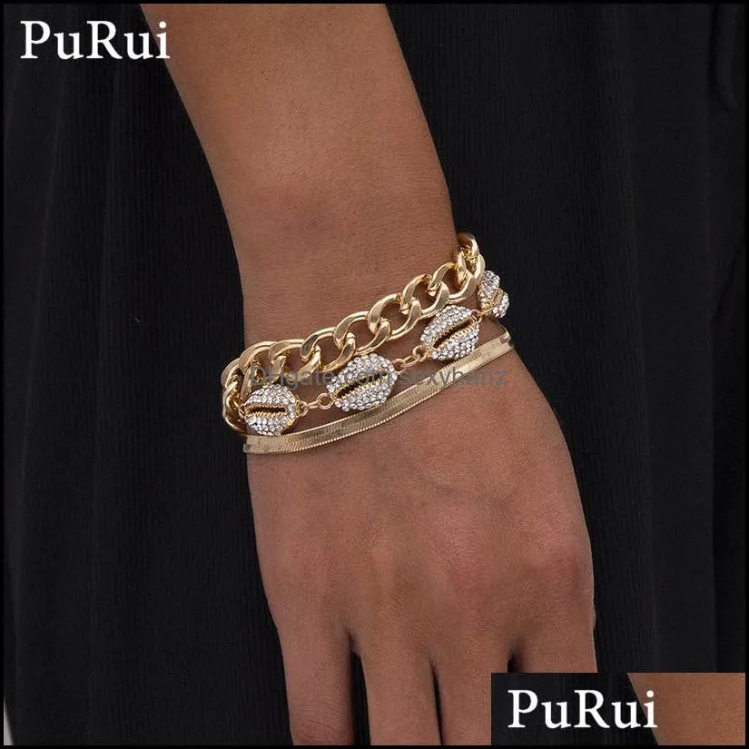 3Pcs/Set Punk Curb Cuban Chain Bracelets Set for Women  Boho Crystal Shell Gold Color Charm Bracelets Bangles Jewelry