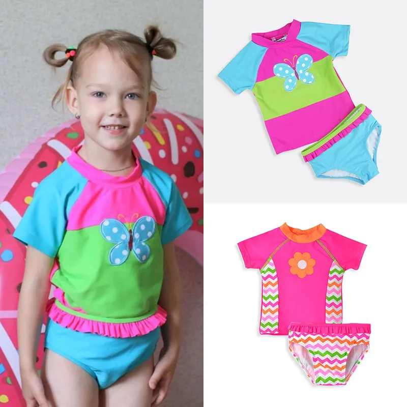 Baby girls butterfly embroidery swimswear kids swimsuit children swim wear baby bathing Two Pieces suit for baby girls M3321