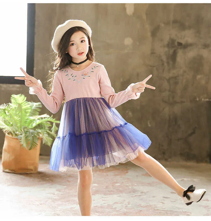 Милые девушки розовое платье осень зима новая мода вышитая цветок синий пачка детская одежда лучшая вечеринка дети девушка платье q0716