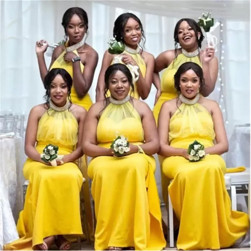 Yellow Halter Beaded Lemon Yellow Bridesmaid Dresses - Floor Length Country Maid of Honor Gown, Customizable Plus Size Formal Vestido
