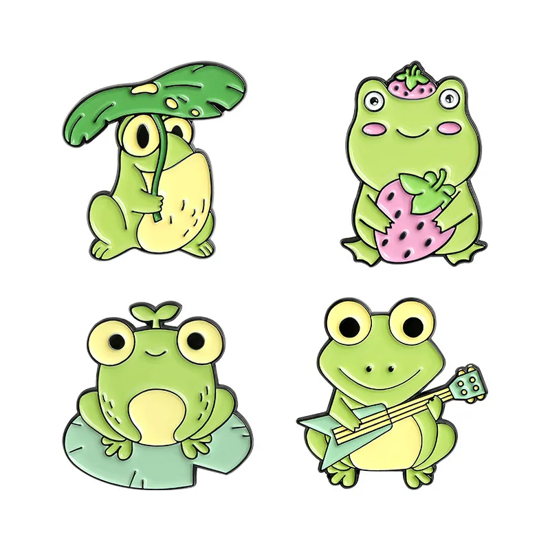 Frog Strawberry Cute Funny Brooches Pins for Women Men Kids Cartoon Animal Metal Badge Bag Denim Decor Accessories