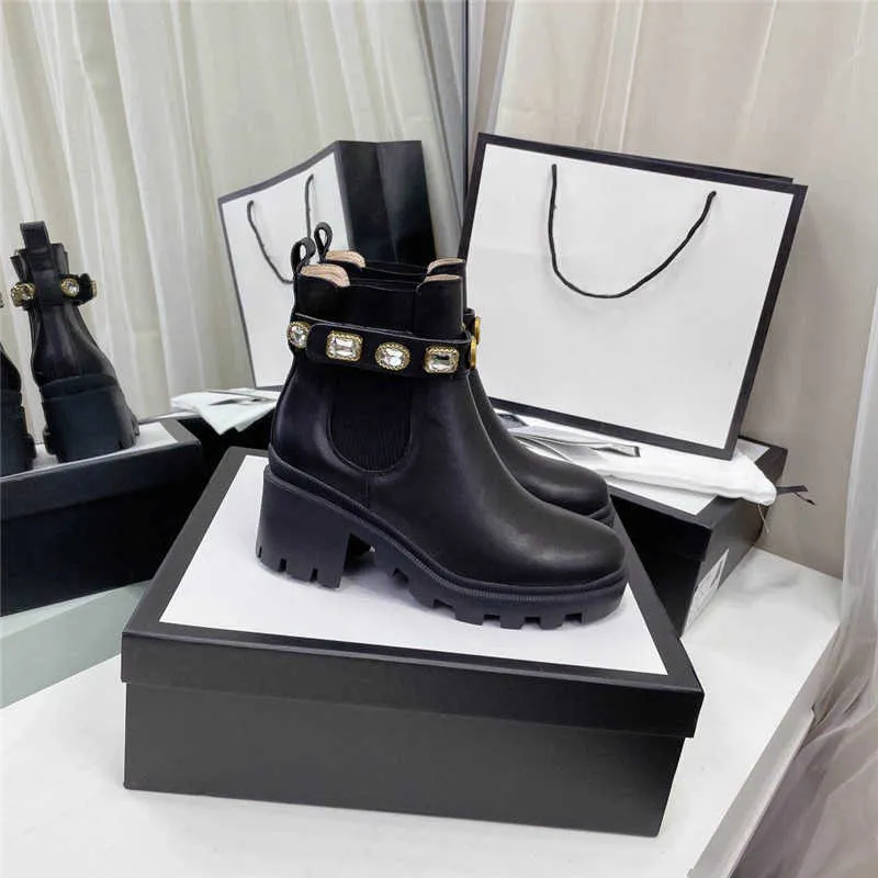 Luxe Designer Laarzen Zwart Leer Kristal Riem Riem Dames Booties Schoenen met originele doos