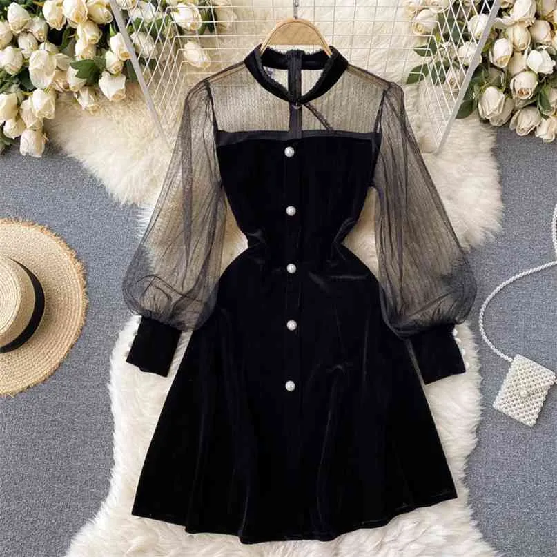 Women Fashion Retro Mini A-line Dress Round Collar Velvet Mesh Stitched Long Sleeve Elegant Vestidos De Mujer R380 210527