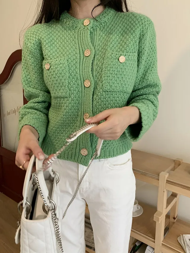 Herbst Neues Design Frauen O-Neck Langarm grobe Wollgestricke Sweater Cardigan Mantel