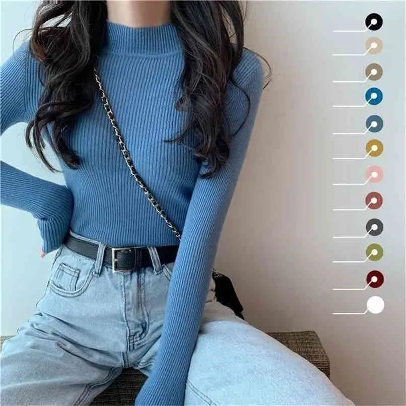 Femmes Pulls Automne Hiver Col Roulé À Manches Longues Stretch Bleu Tricoté Pulls Mode Femme Doux Mince Jumper Tops 10 Couleurs 210914