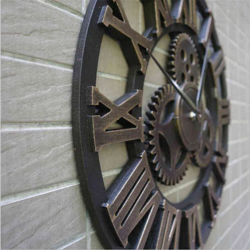 Handmade 3D large vintage quartz wall clock watch decor for living room silent watch wall clock big gear wooden wanduhr klok (3)