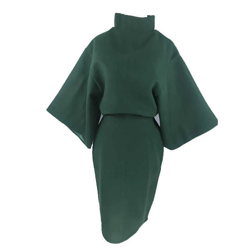 Kanske du kvinnor grön solid sweatshirt knä längd kjol dragkedja penna 2 två stycken set elegant vinter turtleneck t0069 210529