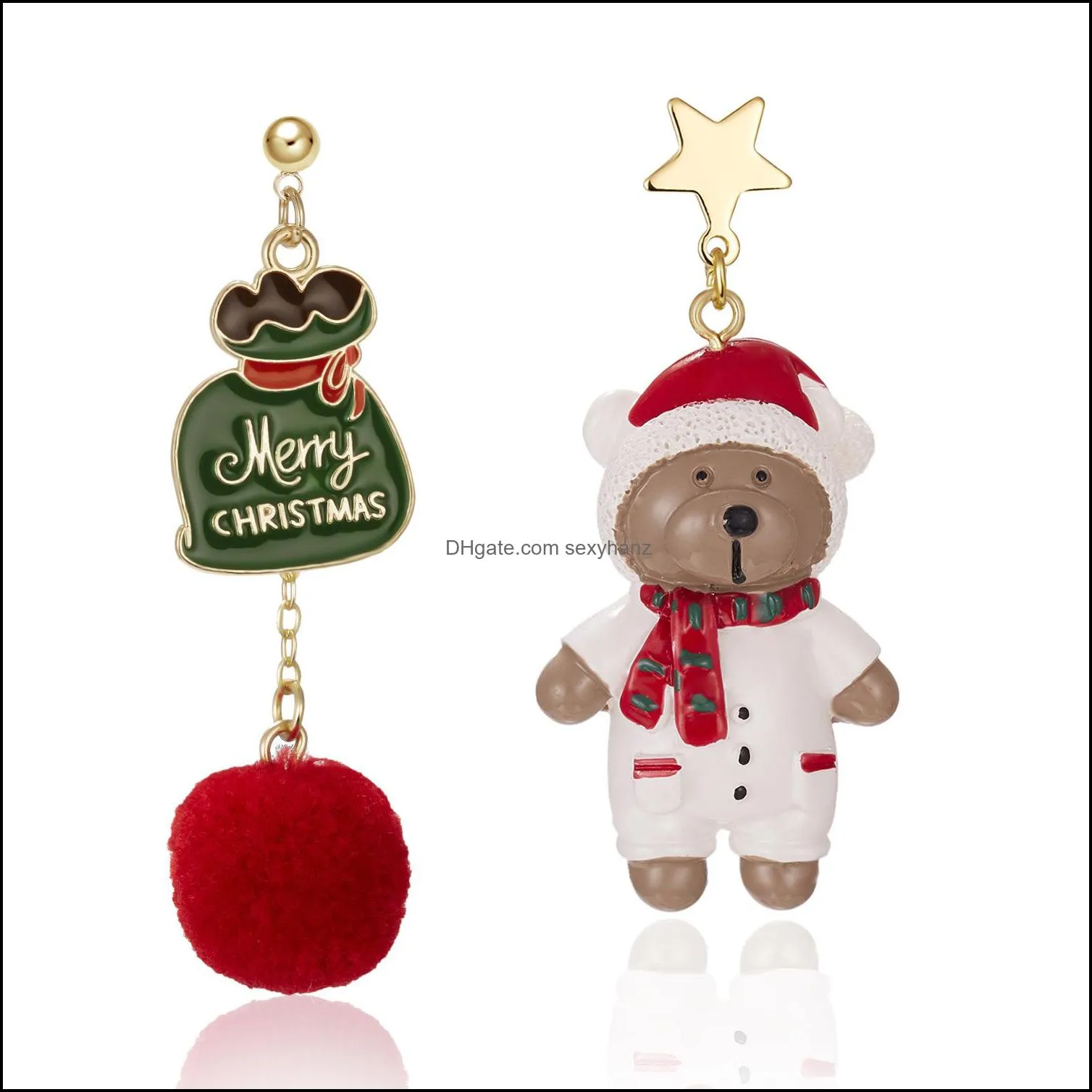 S2604 Fashion Jewelry Chirstmas Earrings Cute Bear Star Snowman Plush Ball Tassels Asymmetrical Stud Earrings Christmas Accessories