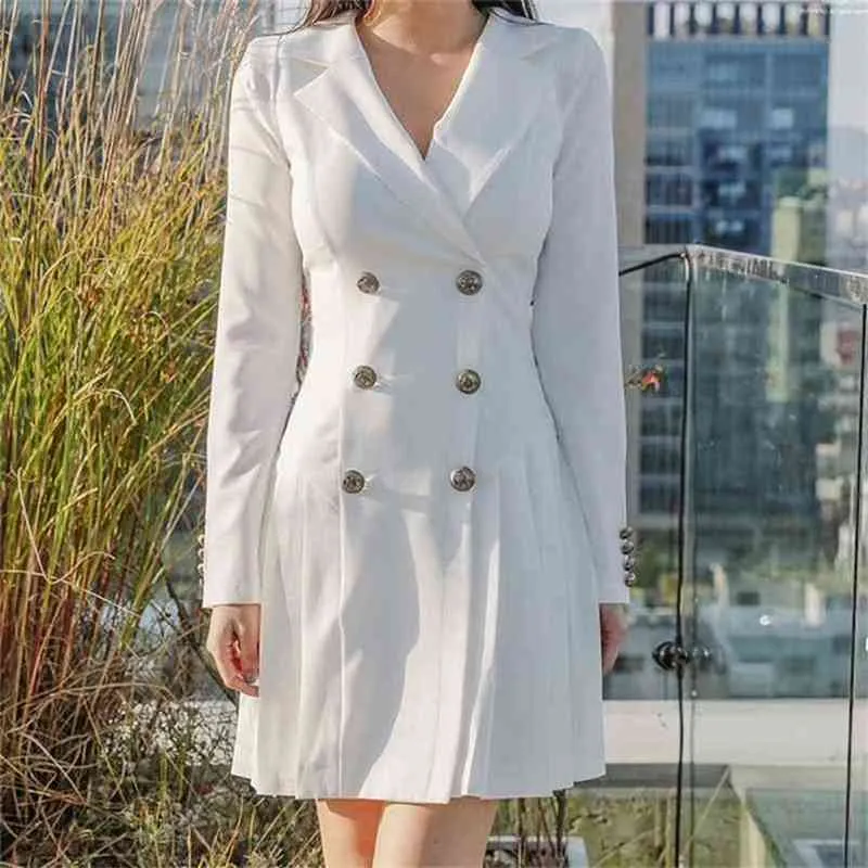 Femmes couleur unie longue Blazer manches plissées lâche bureau dame travail Style petit costume Double bouton robe 210603