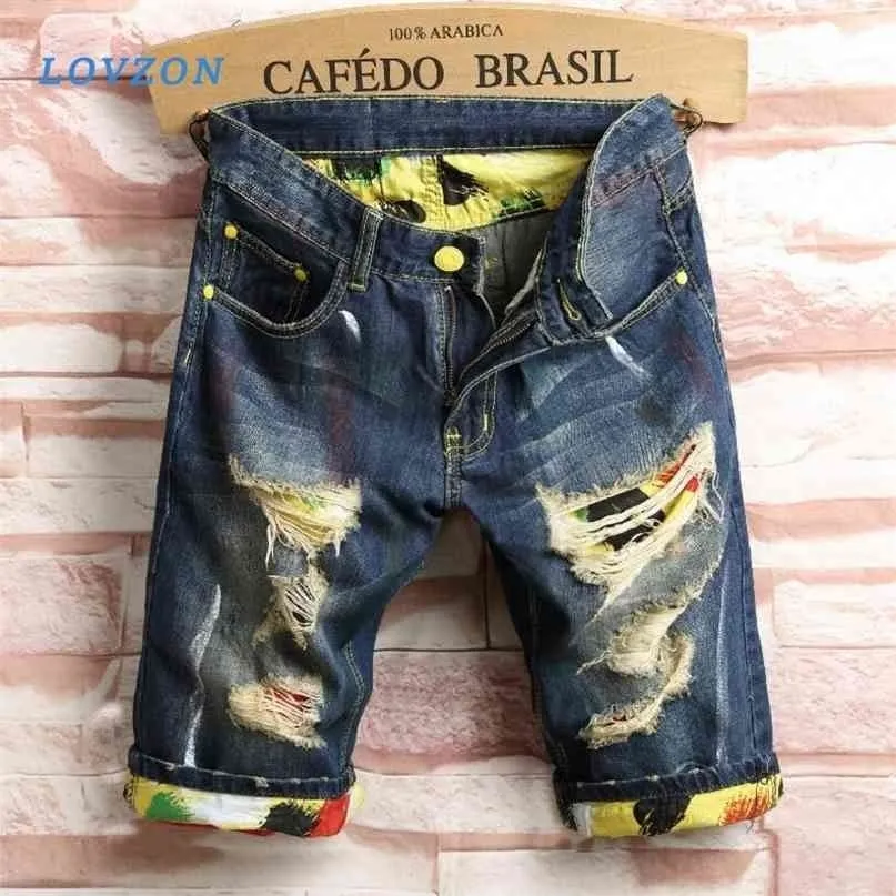 LOVZON Men's Holes Denim Shorts Men Knee Length Short Jeans Fashion Male Straight Casual 210713