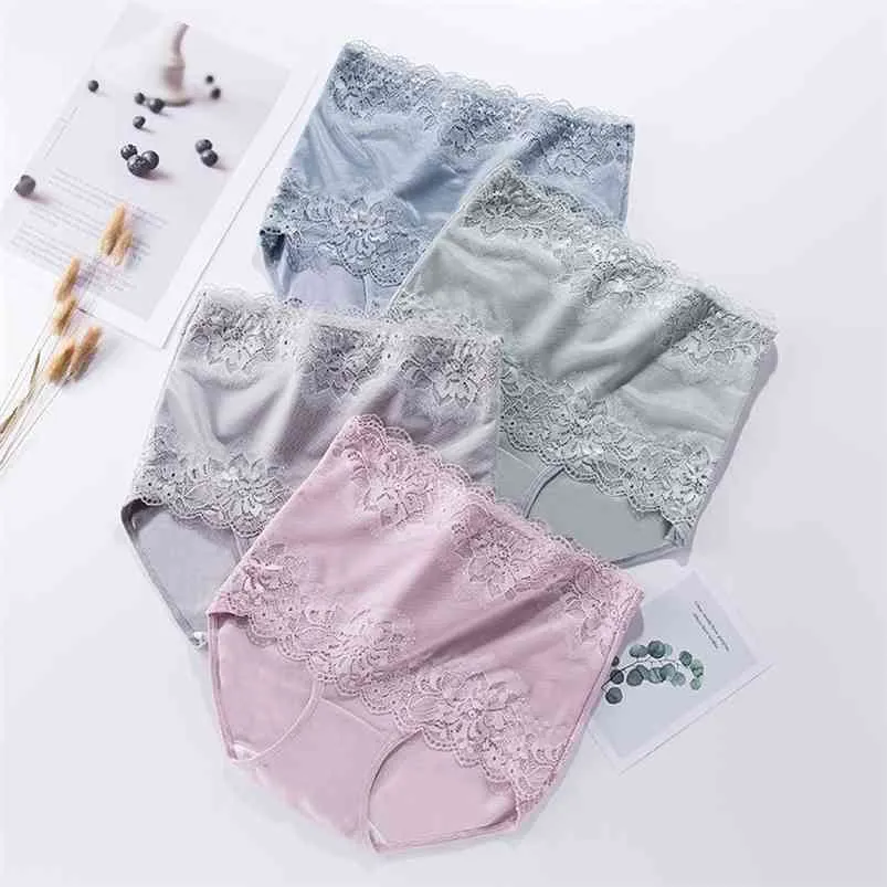 ZJX 4PCS / Lot High Waist Women's Panties Seamless Slimming Bomull Briefs Body Shaperwear Underkläder Kvinna Sexiga Lace Underbyxor 210730