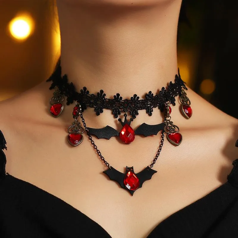 Pendant Necklaces Gothic Jewelry Red Bat Halloween Necklace Lace Choker For Women Nightmare Before Christmas Black Layered 2021
