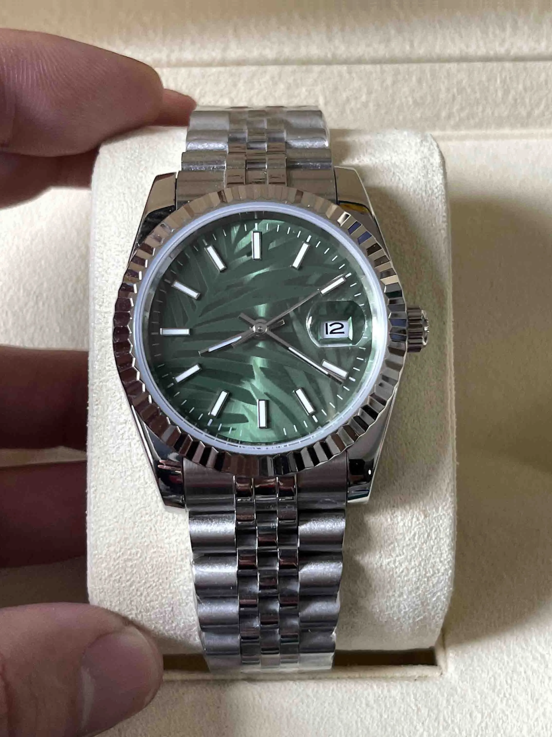 2021 Datejust 녹색 다이얼 유니섹스 망 시계 36mm 사파이어 유리 자동 기계식 스테인레스 굴 영원한 청록색 124300 손목 시계