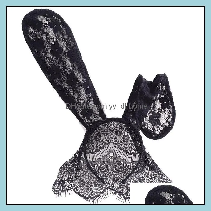 Fashion Women Girl Hair Bands Lace Rabbit Bunny Ears Veil Black Eye Mask Halloween Party Headwear Hair Accessories