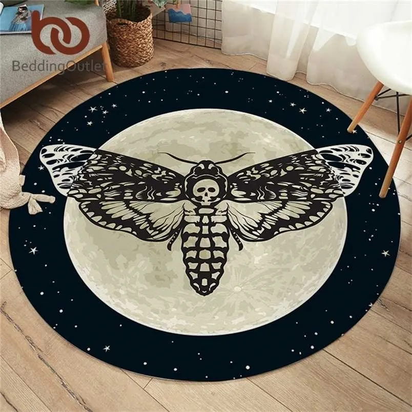 BeddingOutlet Death Moth Area Rug Gothic Skull Round Floor Mat Butterfly Moon Living Room Carpet Bathroom Kitchen Rug Doormat 211204