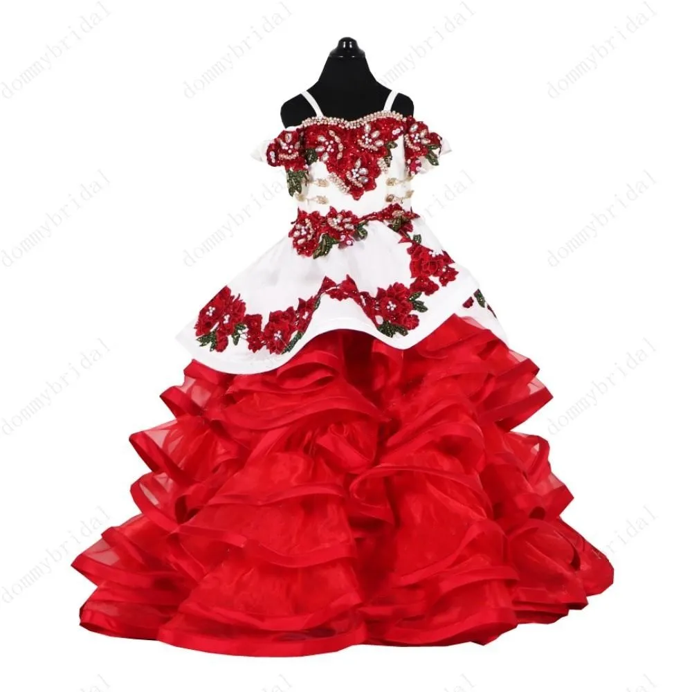 Puffy Mexican Little Girls Pageant Quinceanera Dresses Teens Floral Applique Pearls Pärlade Mulit-Layers Ball Gown Party Graduation255n
