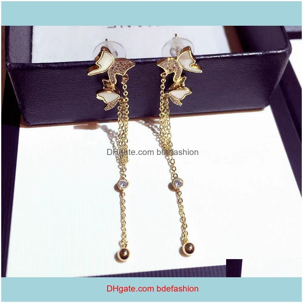 Sparkling diamond zircon beautiful butterfly long dangle stud earrings for women girls Fashion luxury silver post