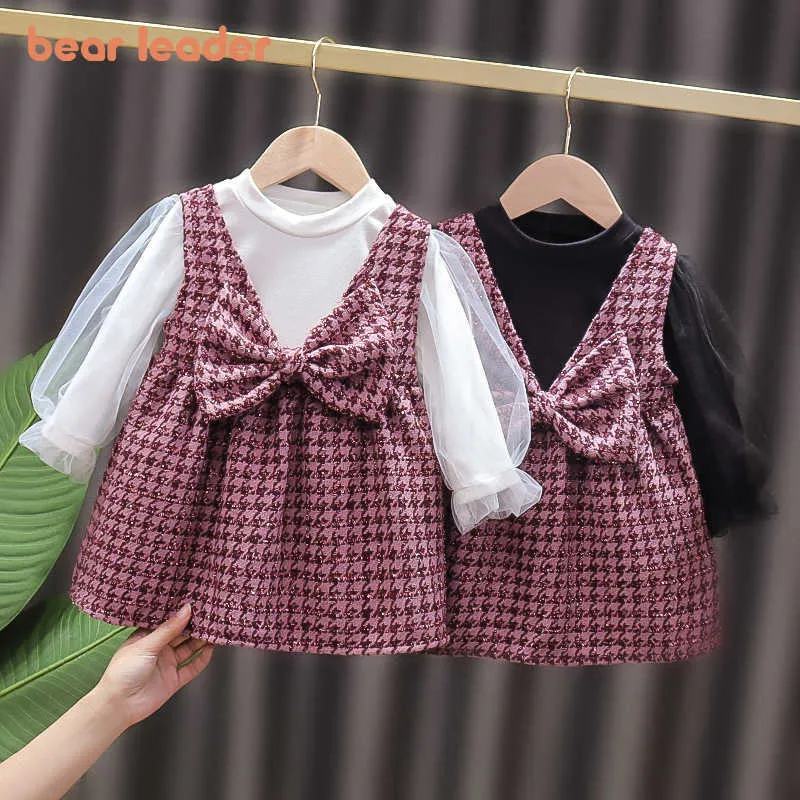 Bear Leader nato Baby Stile coreano Abiti eleganti Moda Ragazze Infantili Abiti scozzesi Manica lunga Bowknot Costumi principessa 210708