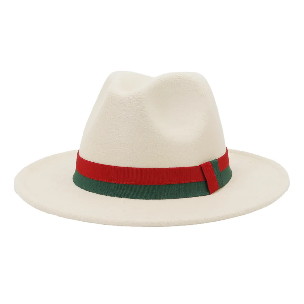 Trend Cream Wool Felt Fedora Hat with Patchwork Ribbon Band  display picture 2