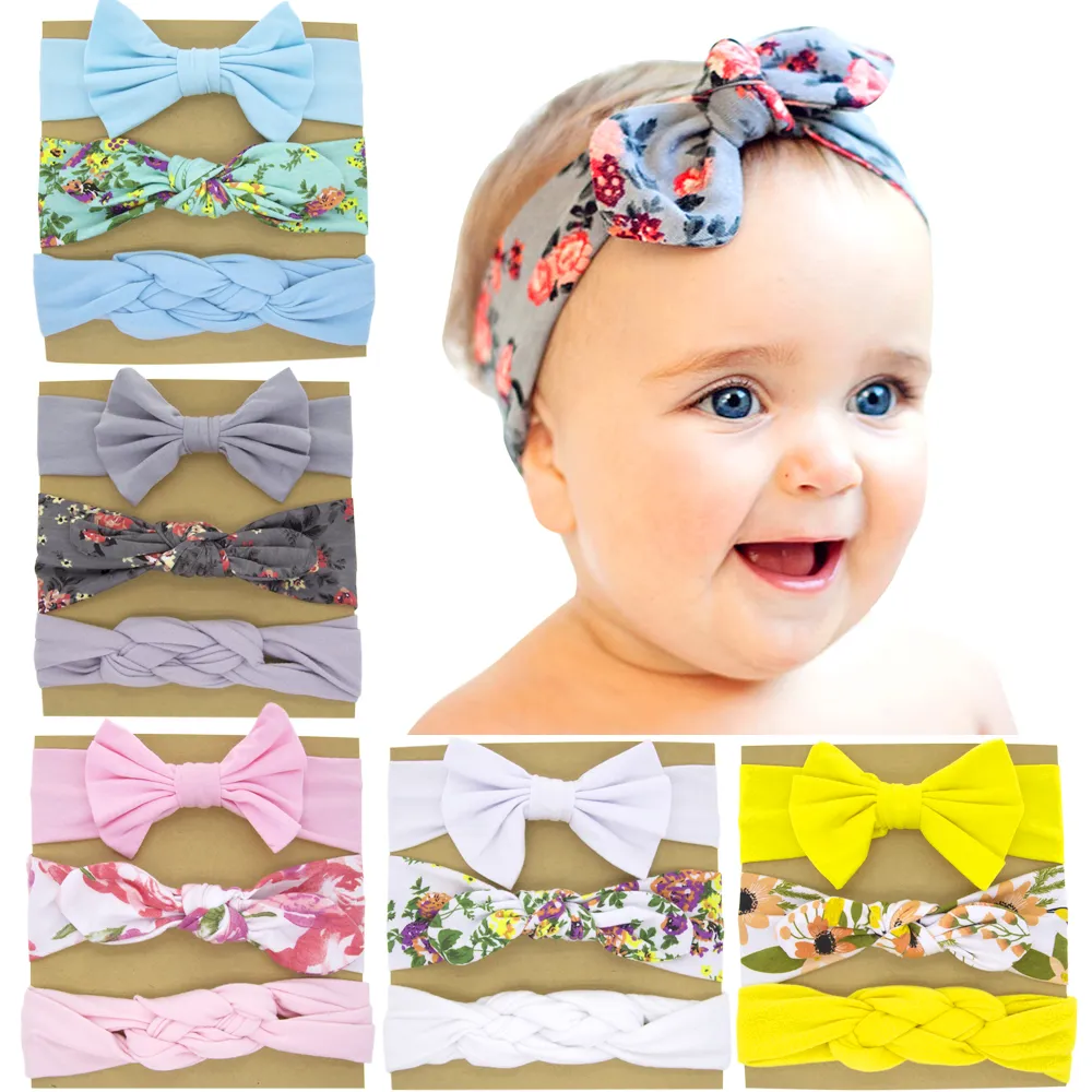 Baby Headbands Floral Bowknot Bunny Hair Accessories Kids Head Wrap Girls Children Elastic Bow Headband 3pcs set Solid Color KHA159