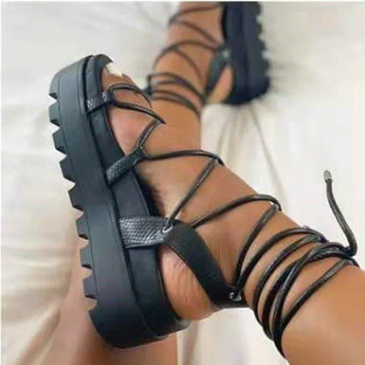 Sandalen Vrouwen Platform Zomer Lace Up Zwarte Dikke Hoge Hakken Sexy Dames Enkelbandje Schoenen Cross-gebonden Vrouwelijke Sandalias