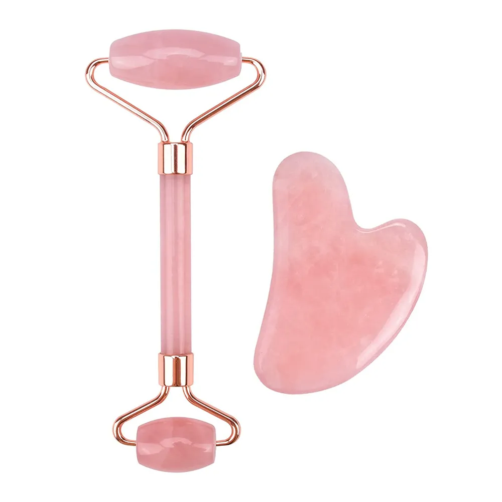 Ansikte Roller och Gua Sha Set Anti Aging Rose Quartz Massager 100% Natural Jade Stone Beauty Skin Care Tools Kit