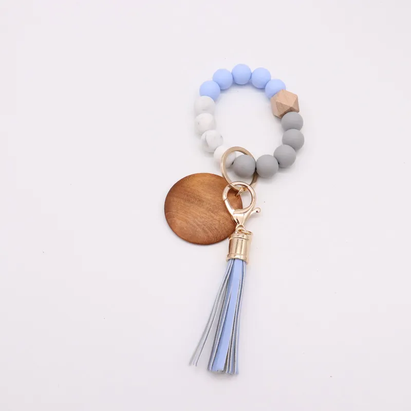 Wholesale Silicone Bead Bracelet Keychain with PU Leather Tassel,  Multi-Color Women's Key Ring Pendant