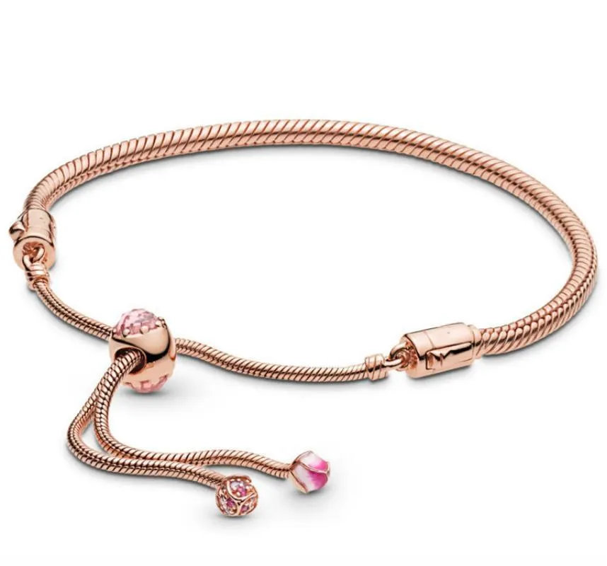 Brandneues einziehbares 18-Karat-Armband aus Roségold von Pandora im europäischen Stil, Bindearmband aus 925er-Sterlingsilber für Damen mit originellem Geschenk aus dem Jahr 1980