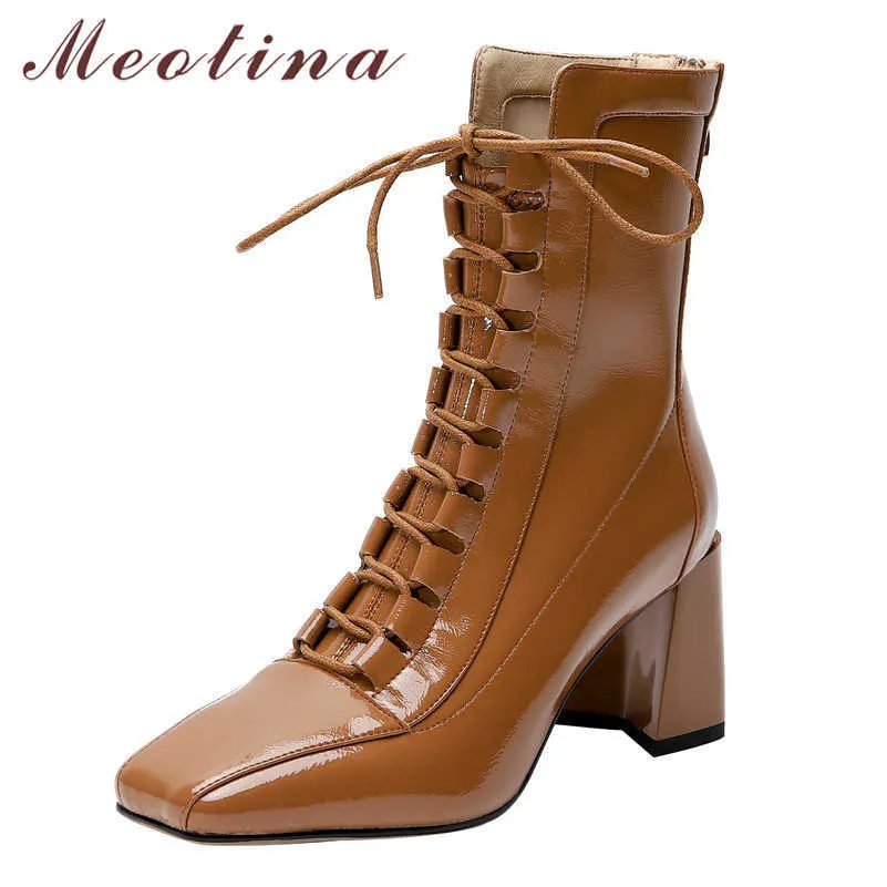 Meotina Bottes courtes à talons hauts Femmes Chaussures Zip Cross Tied Bottes mi-mollet Square Toe Block Talons Bottes Lady Automne Noir Marron 40 210608