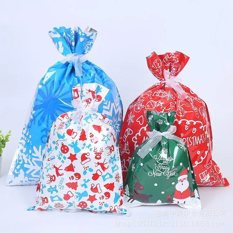 Jul Aluminiumfolie Återanvändbar Drawstring Merry Christmas Gift Cookies Candy Packaging Bag Wedding Sugar Snacks Storage