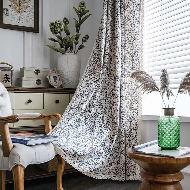 Perde Perdeler Amerikan Ülke Retro Mavi Ve Beyaz Porselen Baskı Zemin-Tavan Ekran Mutfak Yatak Odası Yarı Gölgeleme