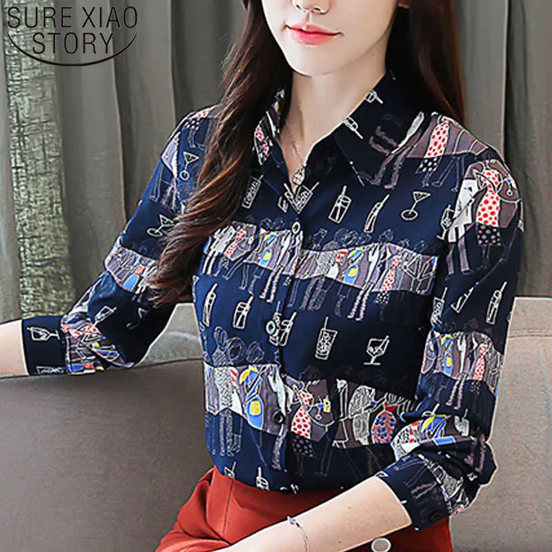 Skjorta Kvinnors Långärmad Kvinnor Toppar Och Blusar Dam Toppar Korea Fan Loose Printed Chiffon Blouse Shirt Full 2087 50 210527