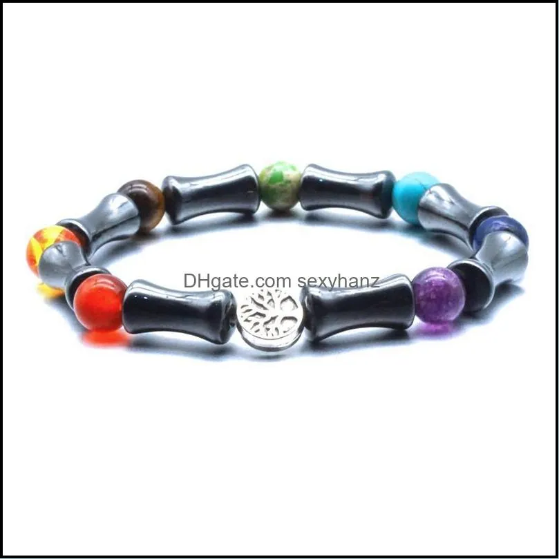 Tree Of Life 7 Chakras 8MM Black Hematite Beaded Bracelet Healing Balance Beads Reiki Buddha Prayer Women Men Jewelry Beaded, Strands