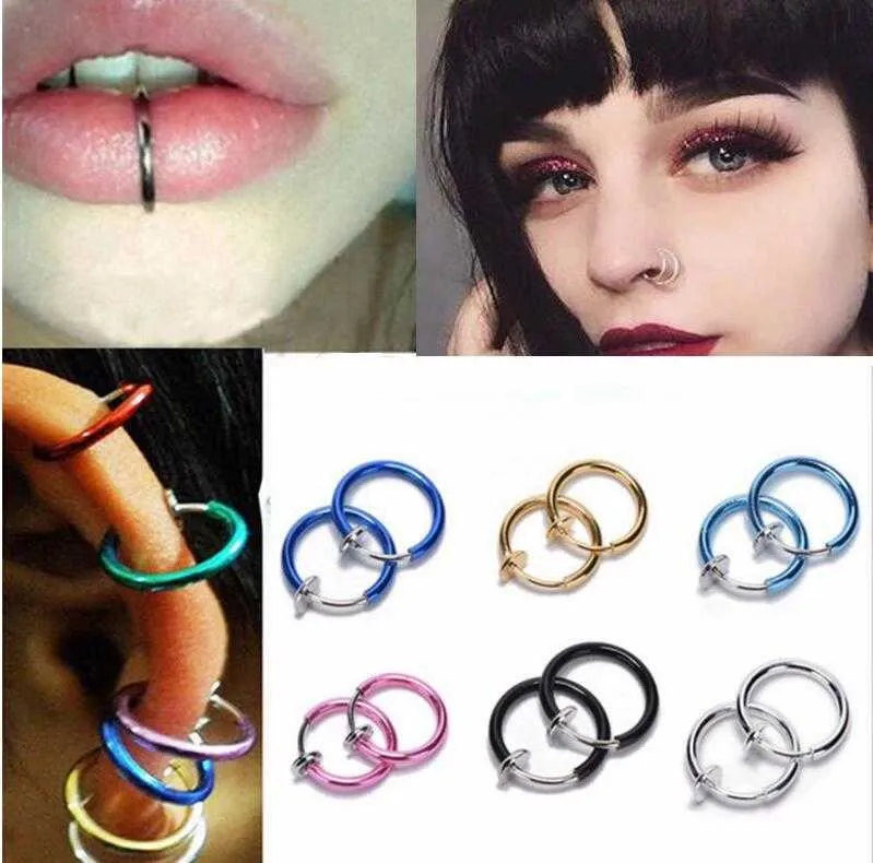2 sztuka fałszywy pierścień nosowy Goth Punk Lip Ear Nos Clip On Fake Septa Piercing Nos Ring Hoop Lip Hoop Rings Kolczyki