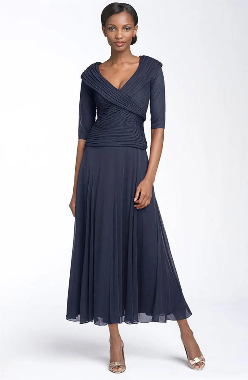 Elegant V Neck Half Sleeve Chiffon Mother Dress For Wedding Tea Length Formal Evening Gown At Affordable Price From Verycute 34.72 DHgate.Com