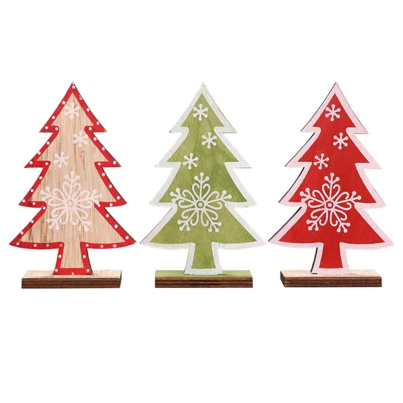 Christmas Decorations 3pcs Wooden Printing Tree Ornament Creative Desktop Decorative Model Accessory With Stand For Living