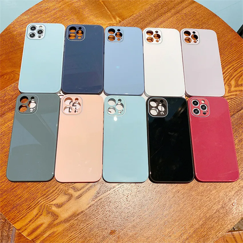 Liquid Glass Cases Fijne gat rechte rand all-inclusive glossy voor Apple iPhone 12 11 pro x xr xs Max Protection Cover 10 kleuren