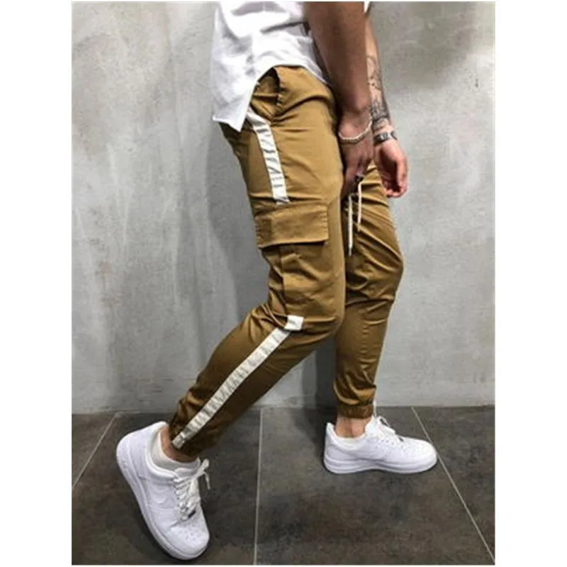 Mens Splicing Skinny Cargo Pants Fashion Occident Trend Hip Hop Multiple Pocketst Pencil Pants Spring Male Skateboard Casual Slim Trousers