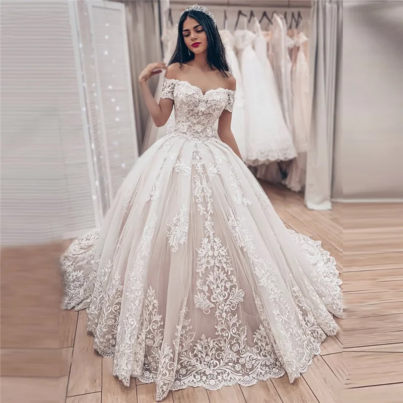 الأميرة الكرة ثوب فساتين الزفاف 2021 vestido دي noiva قبالة الكتف الرباط يزين طويل أثواب الزفاف مرة أخرى الدانتيل متابعة زائد حجم فستان العروس