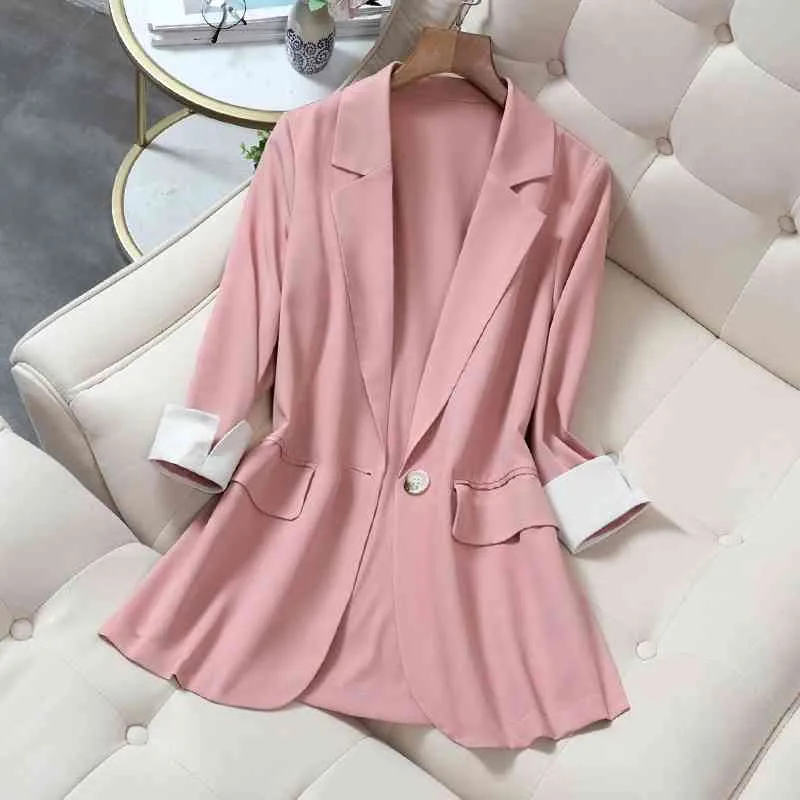 Elegant Pink Suit Jacket Women Mid-Length Casual Blazer, Plus