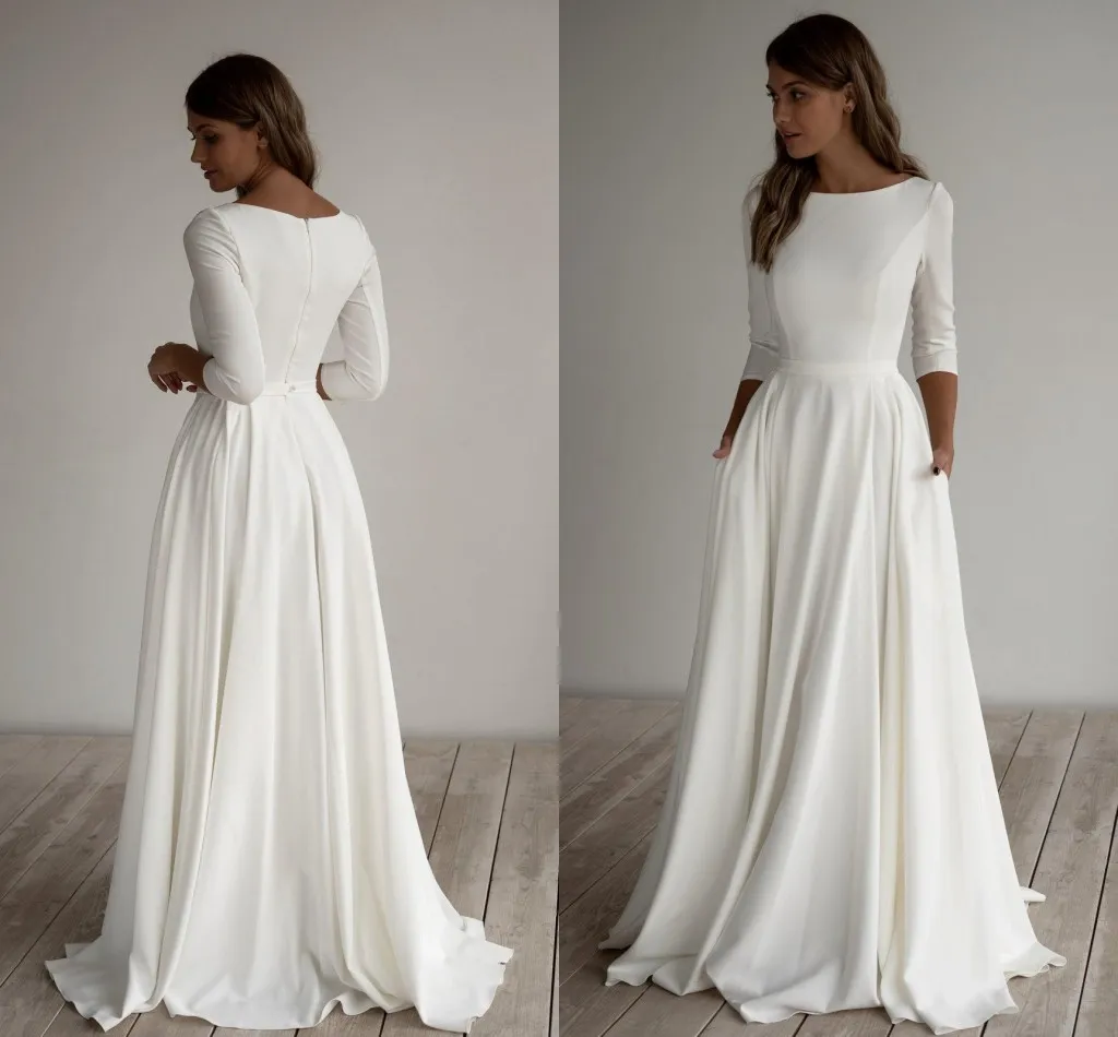 Abiti da sposa modesti in crêpe maniche lunghe Pockest Sweep Train Abiti da sposa country semplici ed eleganti informali con maniche