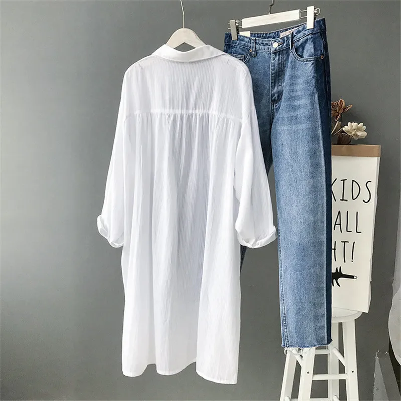 100% Cotton Women Beach White Long Blouse 2019 Spring Women Long Sleeve Shirts Blouse High quality loose Office Long Blouse Tops (2)